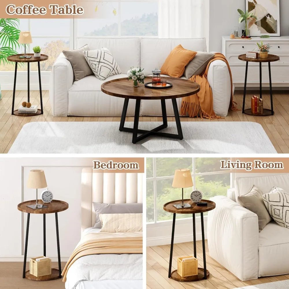 Vintage Wood Coffee Table Set With Round End Tables Easy Assembly