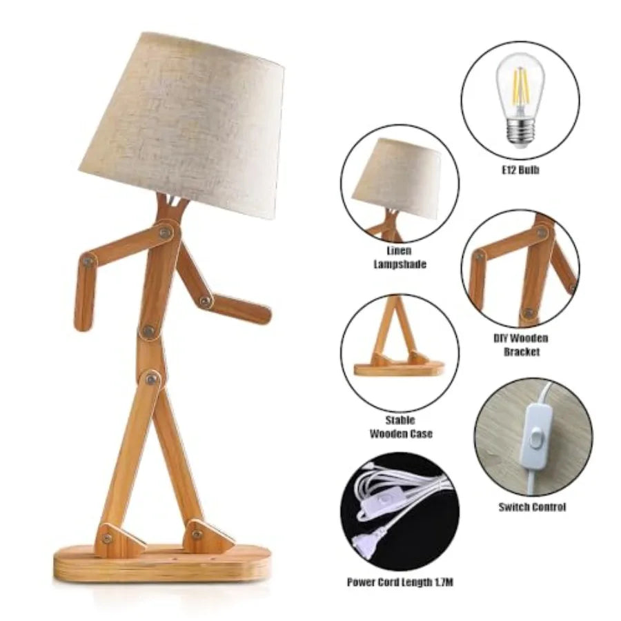 Cute Desk Lamp Robot Themed Bedside Light With Wood Arm