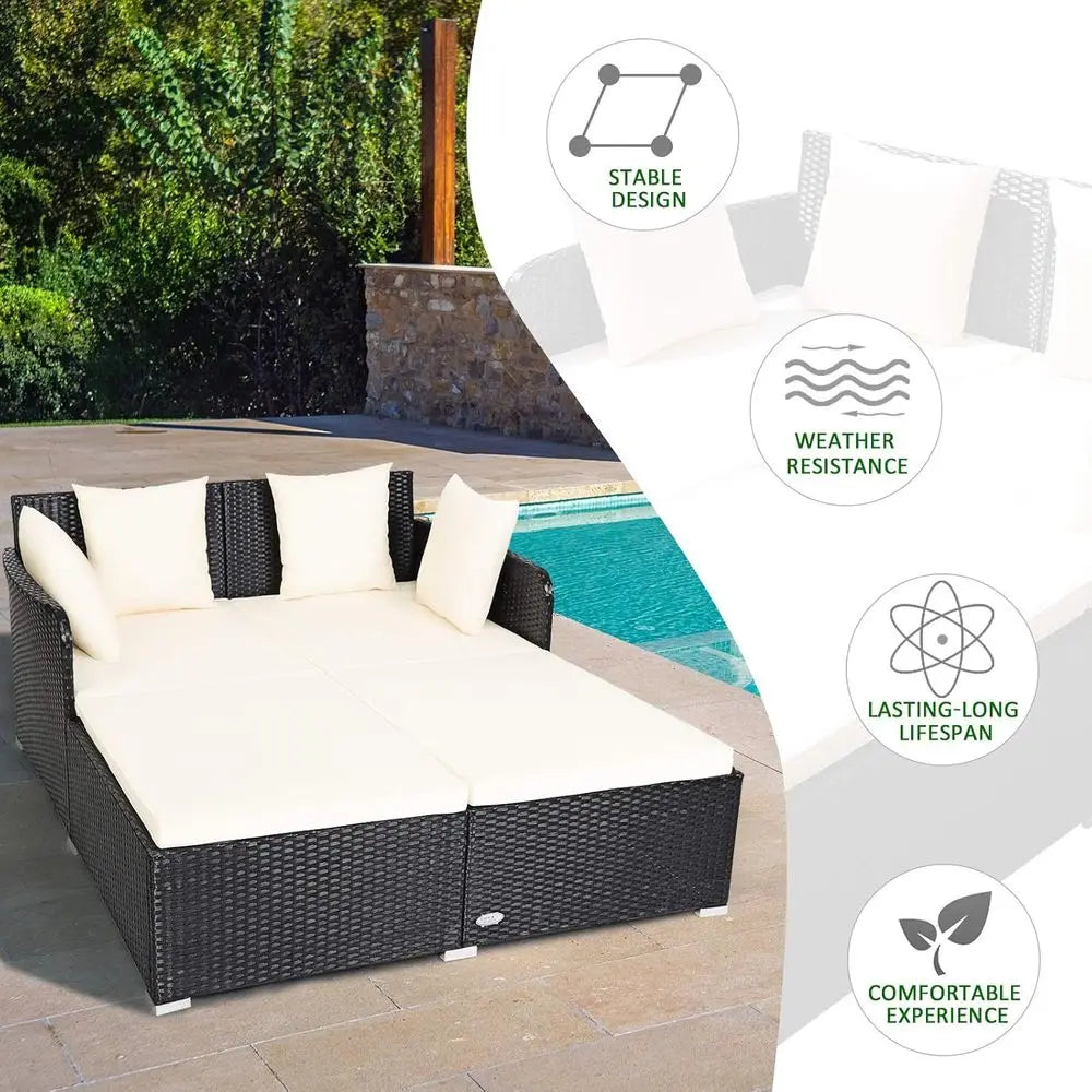 Rattan Daybed With Cushioned Loveseat And Pillows For Outdoor Patio Courtyard