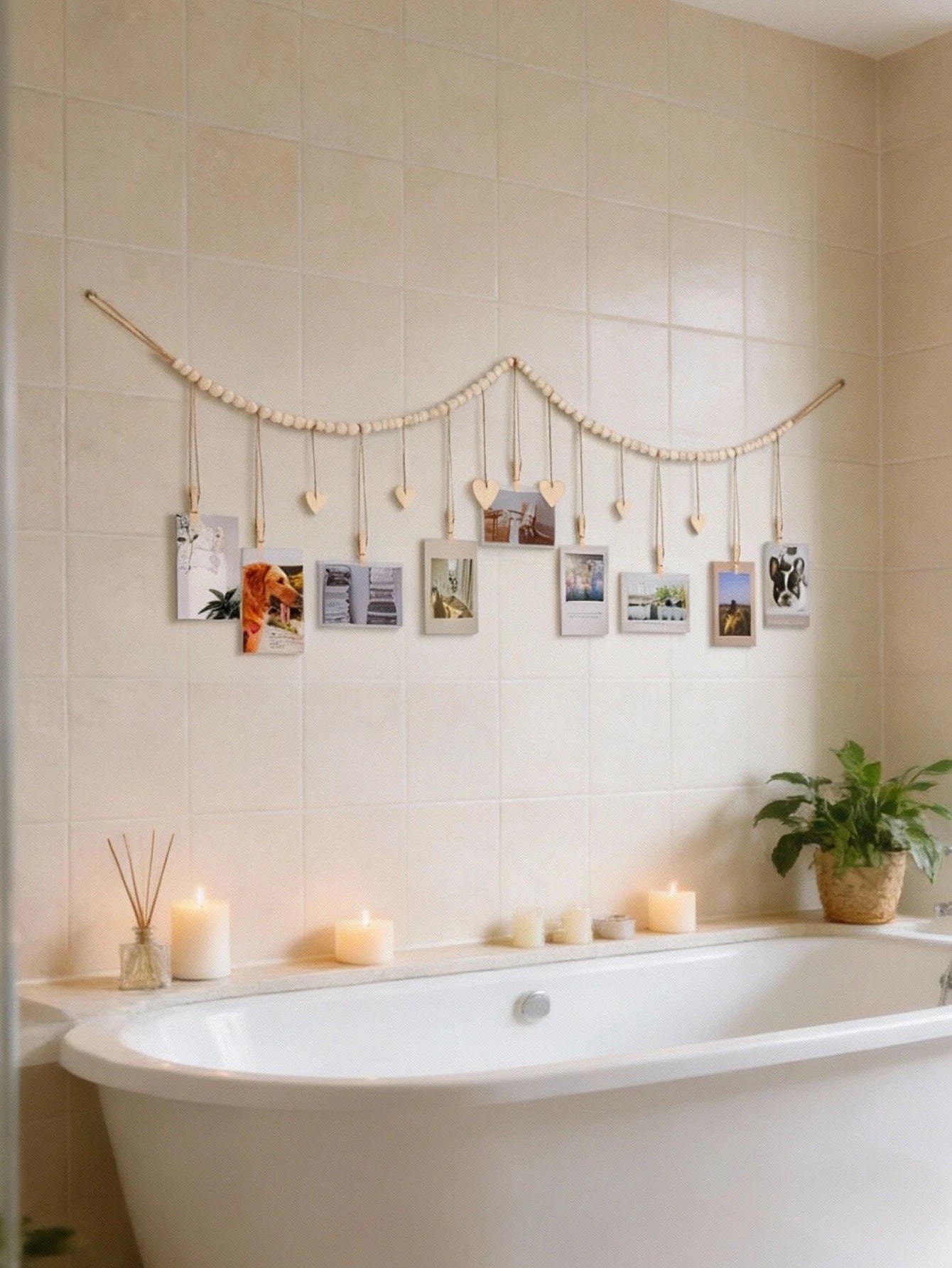 Wooden Bead Photo Garland With Heart Clips Wall Decor
