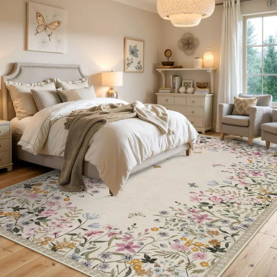 Floral Washable Area Rug for Bedroom and Living Room NonSlip