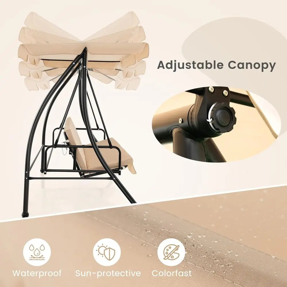 Dual Person Outdoor Swing Bed With Adjustable Canopy And Cushions