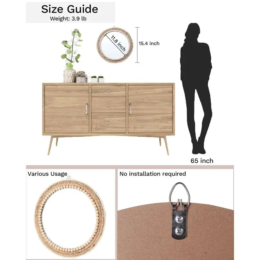 Boho Wall Mounted Round Rattan Mirror for Home Decor