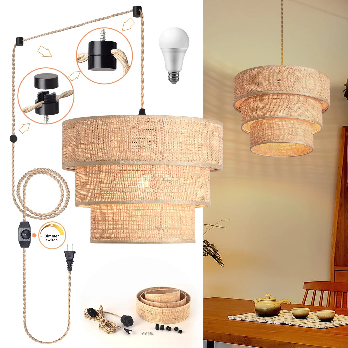 Rattan Plug In Pendant Light Three Tier Boho Chandelier