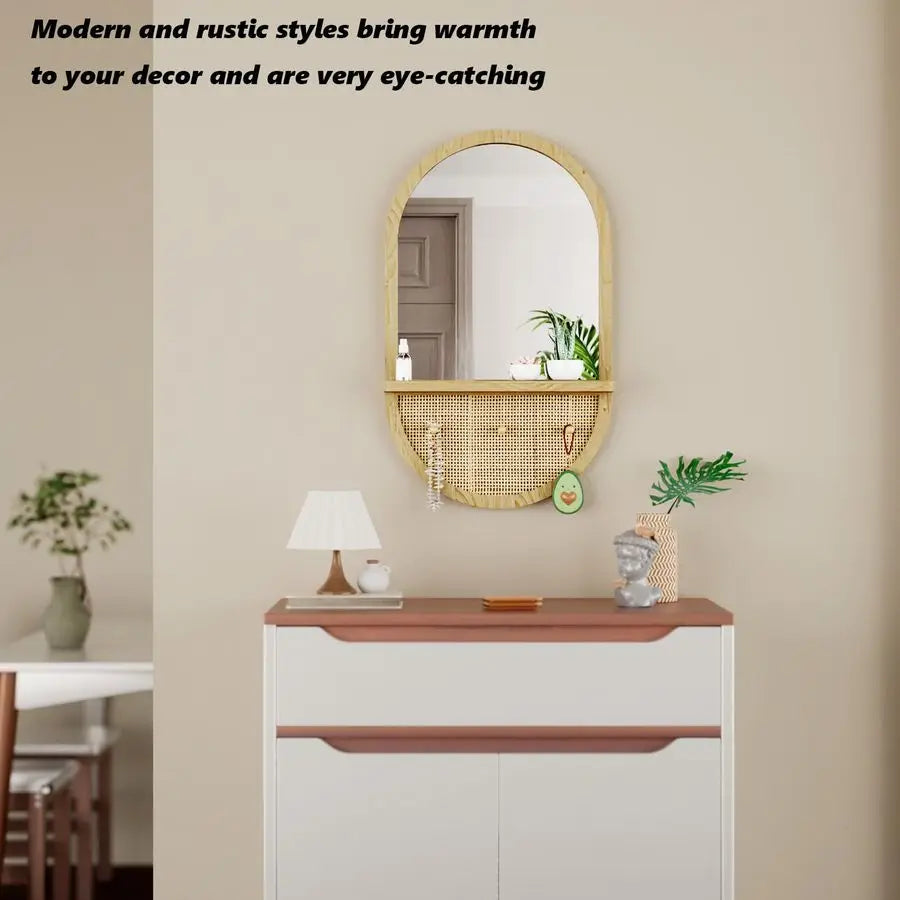 Boho Wall Mirror With Removable Shelf Oval Wood Frame Hooks