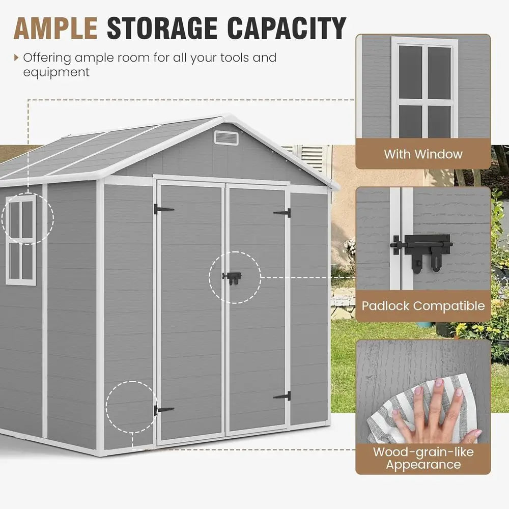 Resin Outdoor Storage Shed With Floor, Lockable Door, Window, Vents