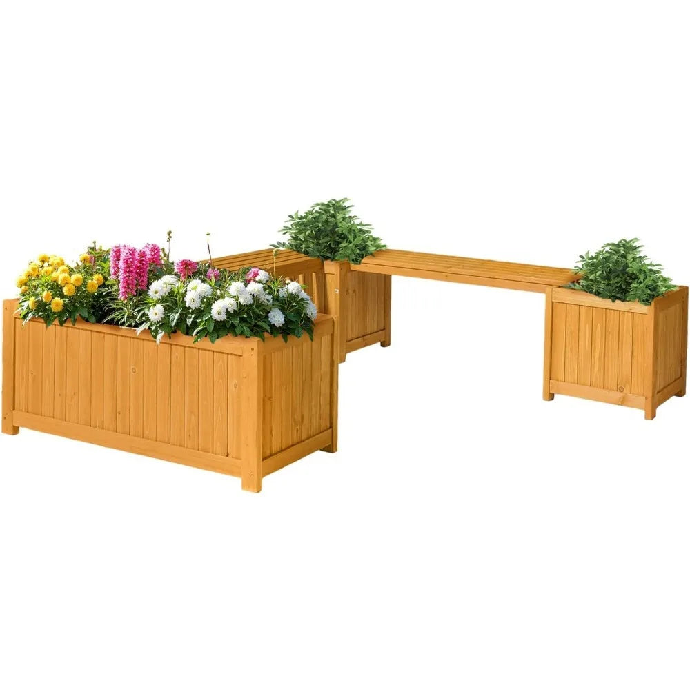 Outdoor Wood Bench With Planter Boxes 2-In-1 All-Weather