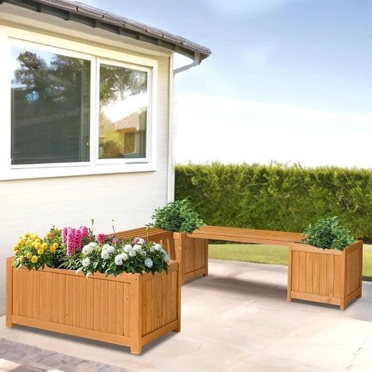 Outdoor Wood Bench With Planter Boxes 2-In-1 All-Weather