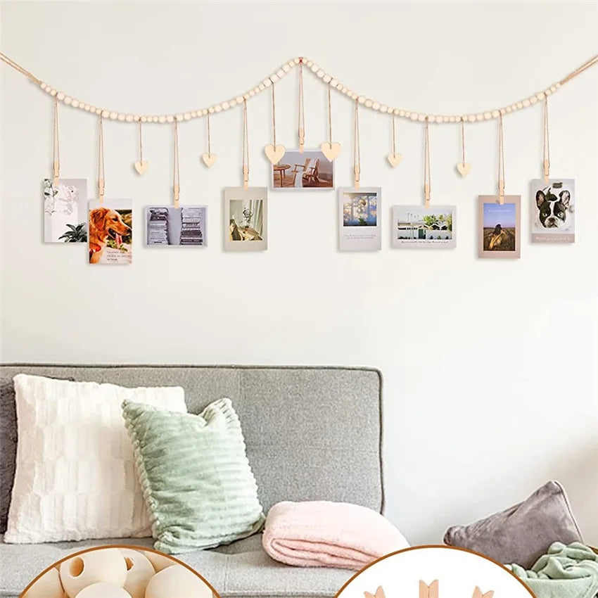 Wooden Bead Garland Hanging Photo Display Wall Decor