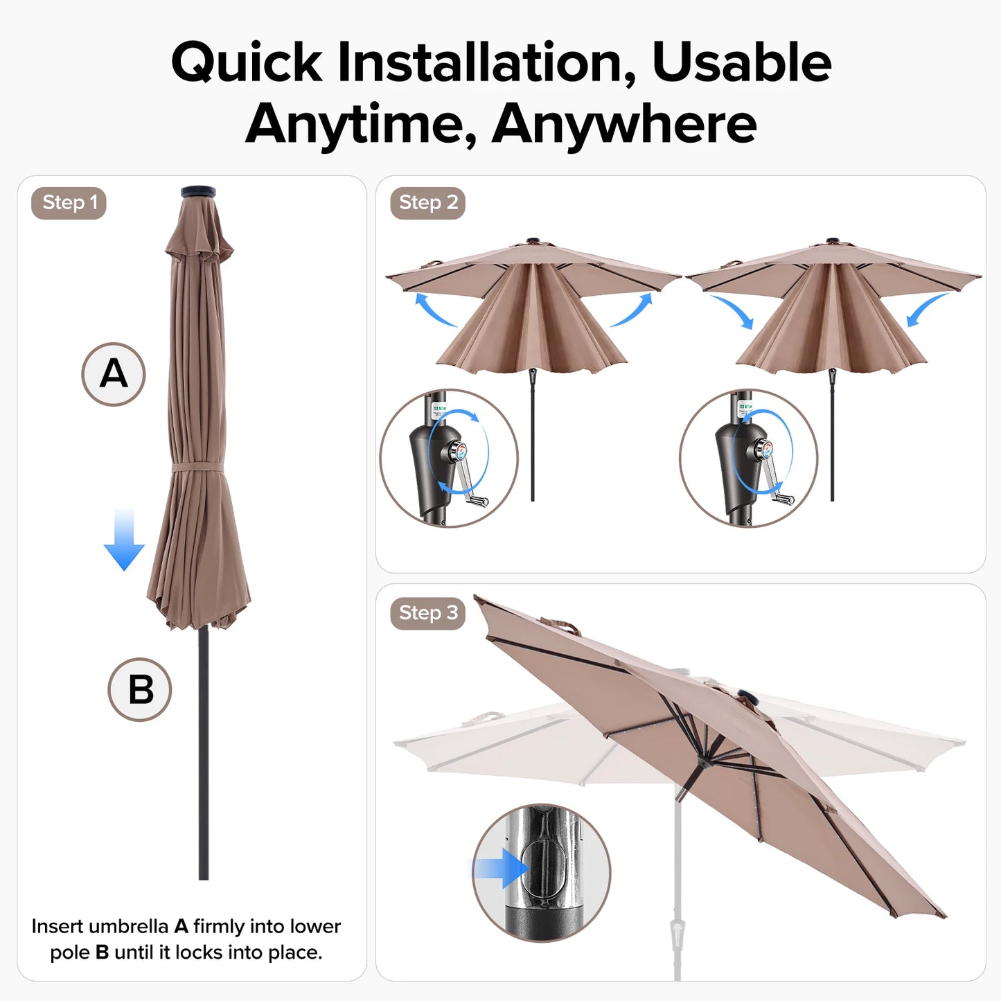 JHK Solar Powered Patio Umbrella With LED Lights Tilt