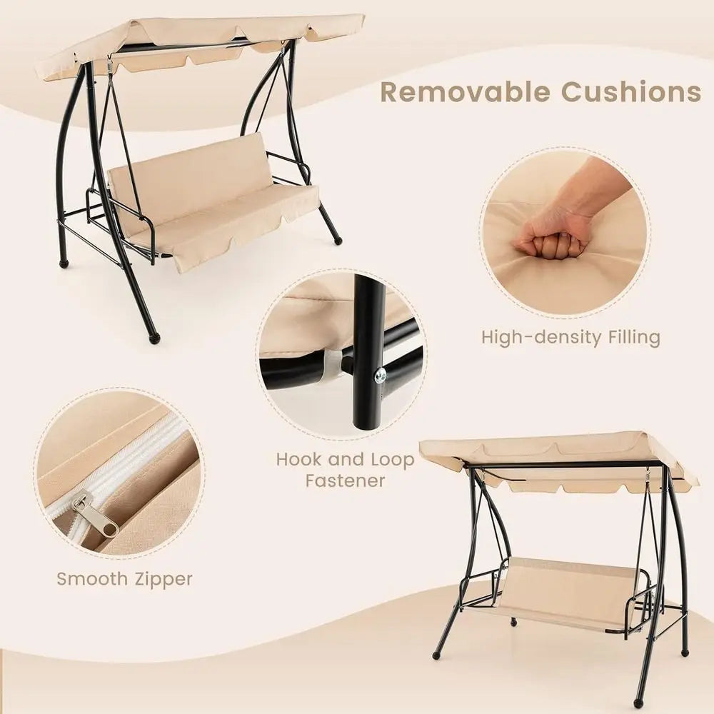 Dual Person Outdoor Swing Bed With Adjustable Canopy And Cushions