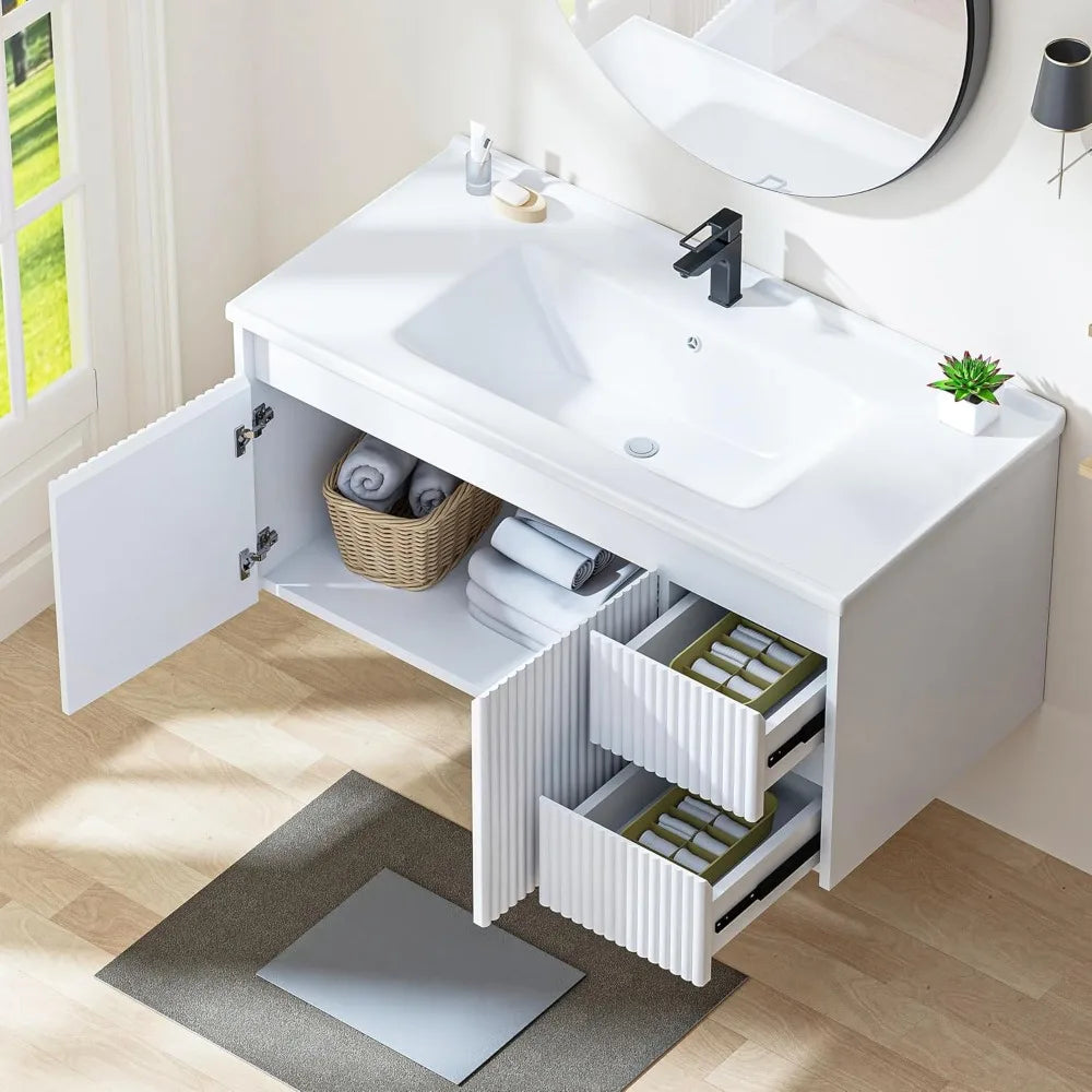 Floating Bathroom Vanity With Ceramic Sink Wall Mounted Storage