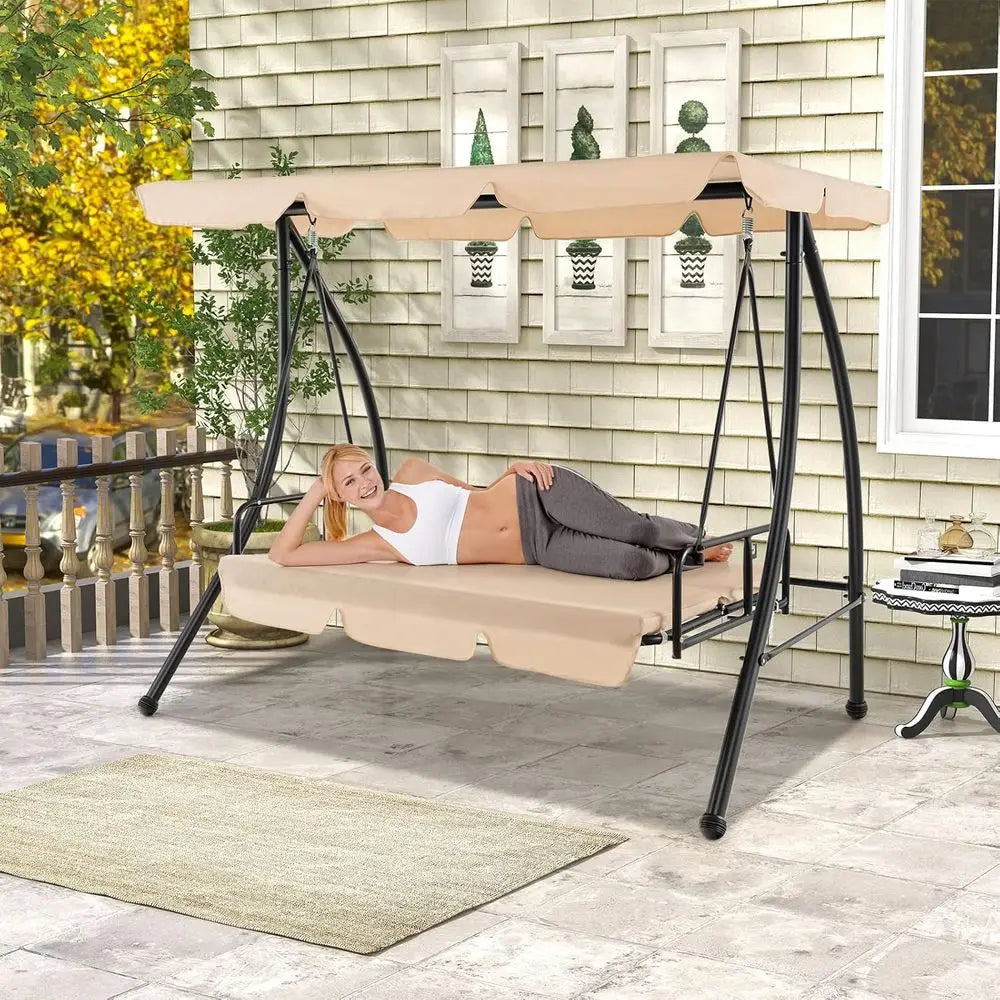 Dual Person Outdoor Swing Bed With Adjustable Canopy And Cushions