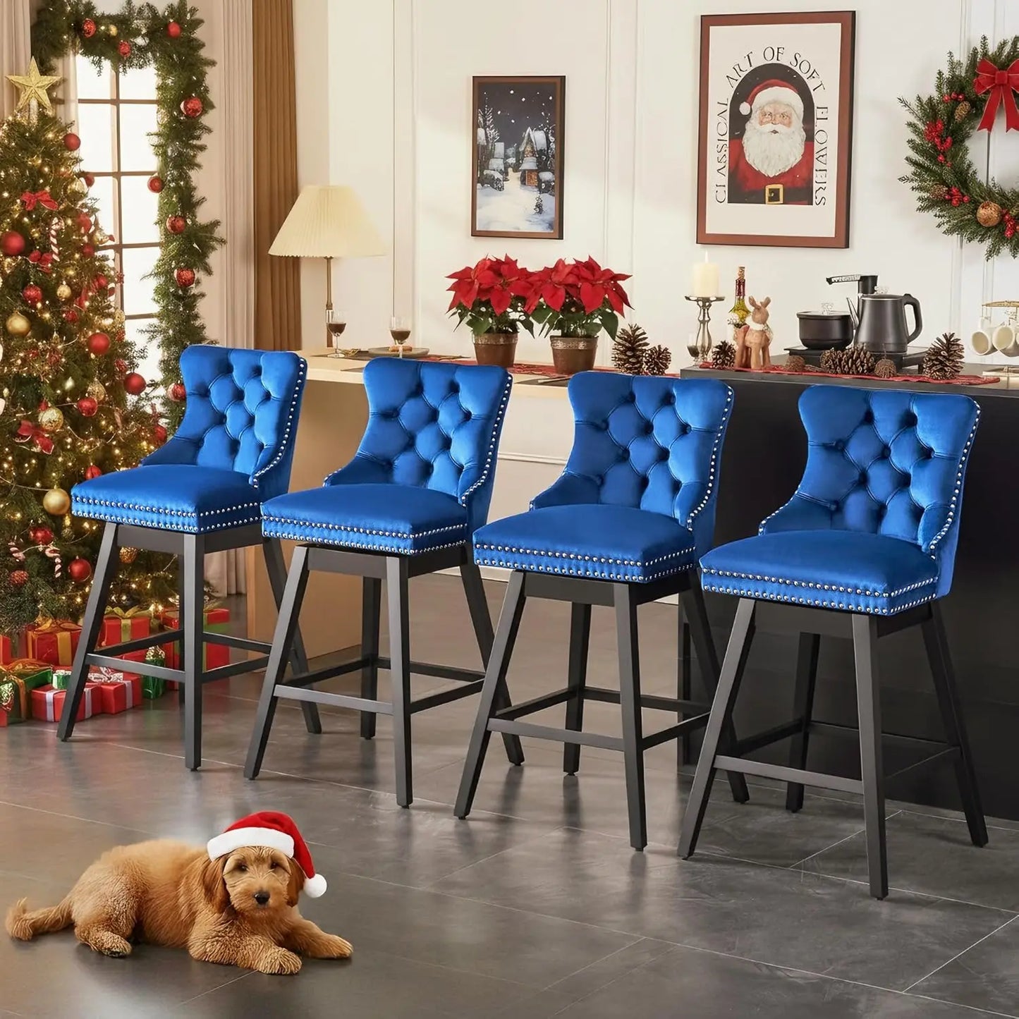 Swivel Bar Stools Set of 4 with Back Velvet Upholstery