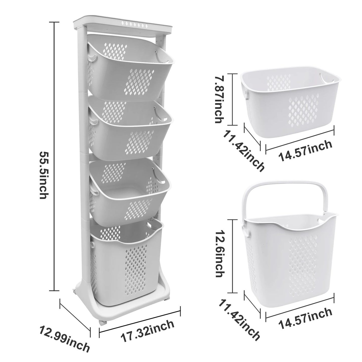Two To Four Tier Rolling Laundry Cart With Removable Buckets