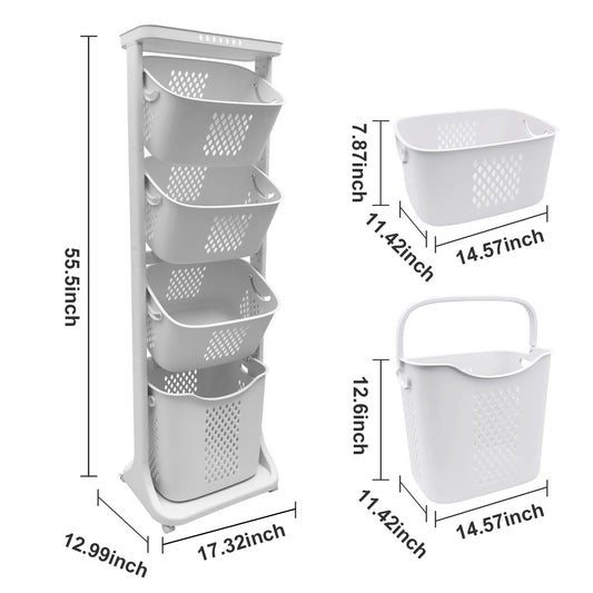 Two To Four Tier Rolling Laundry Cart With Removable Buckets