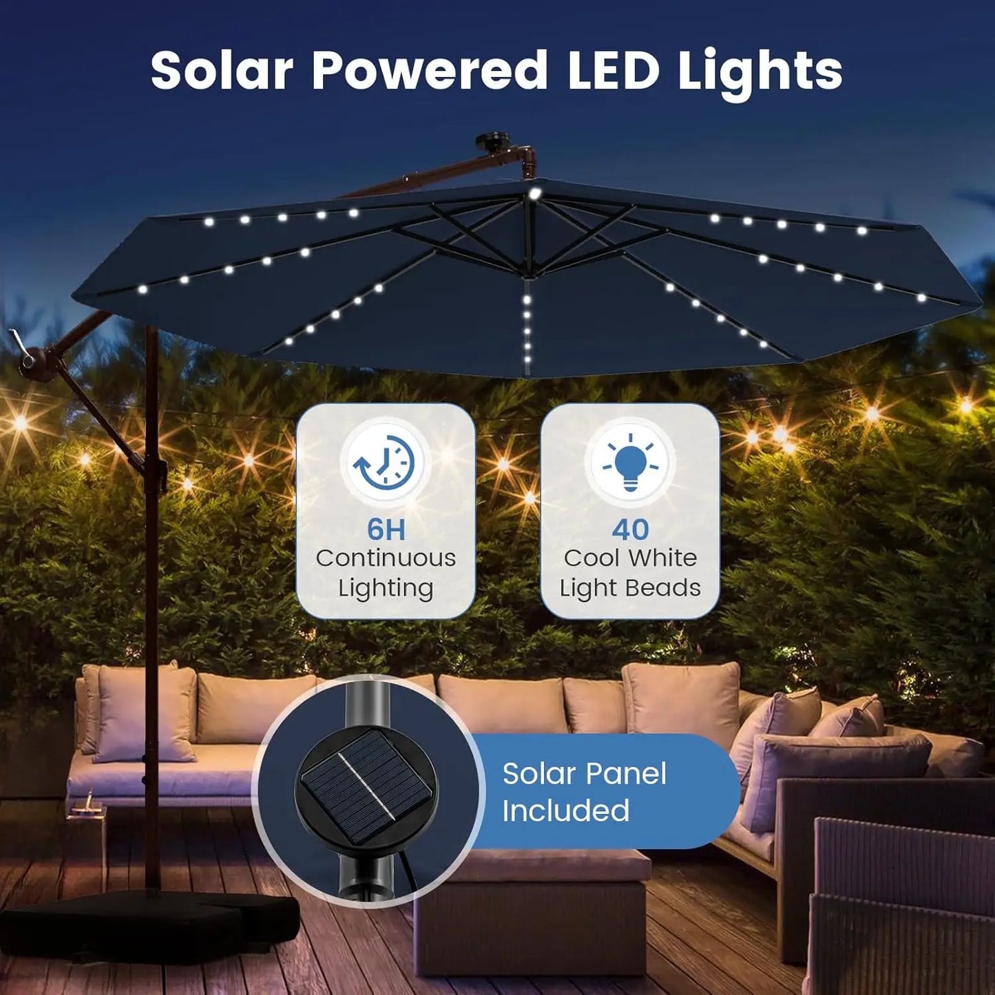 Offset Patio Cantilever Umbrella With Base And Solar LED Lights