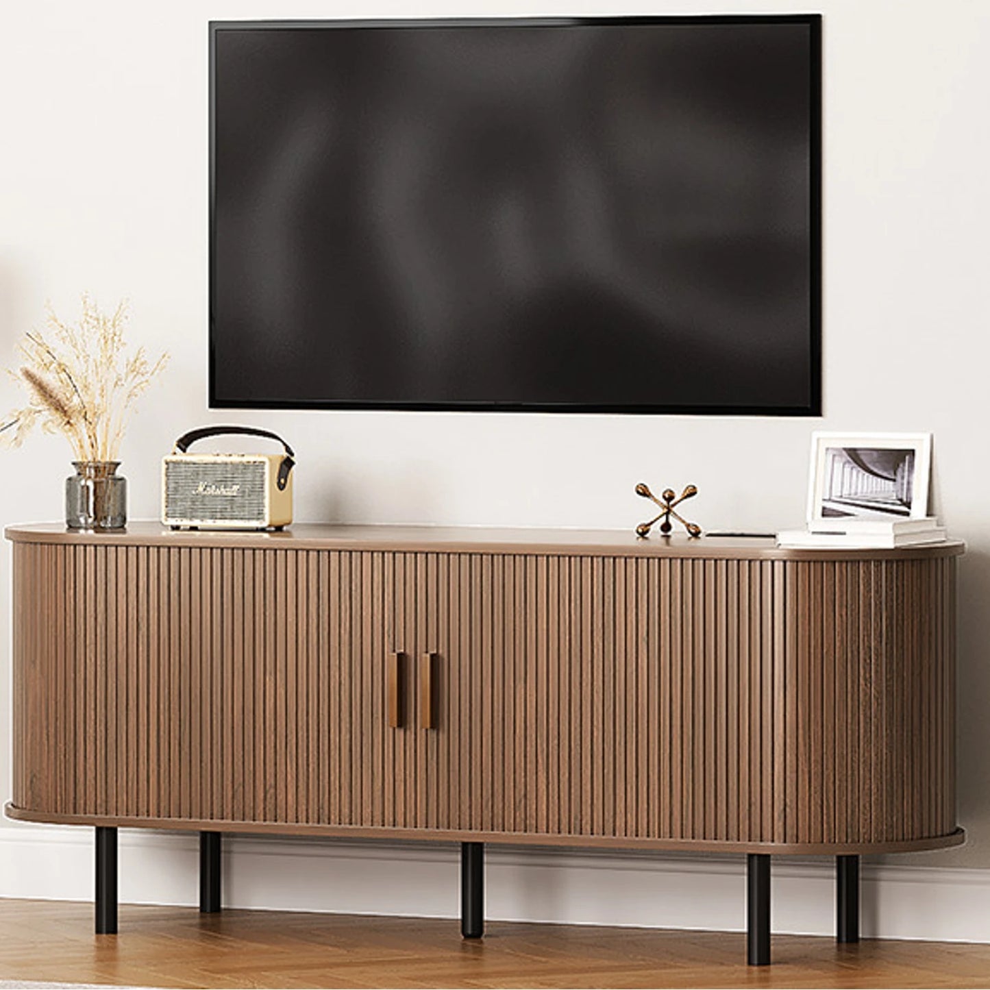 TV Stand With Power Outlet Sliding Doors Adjustable Shelves