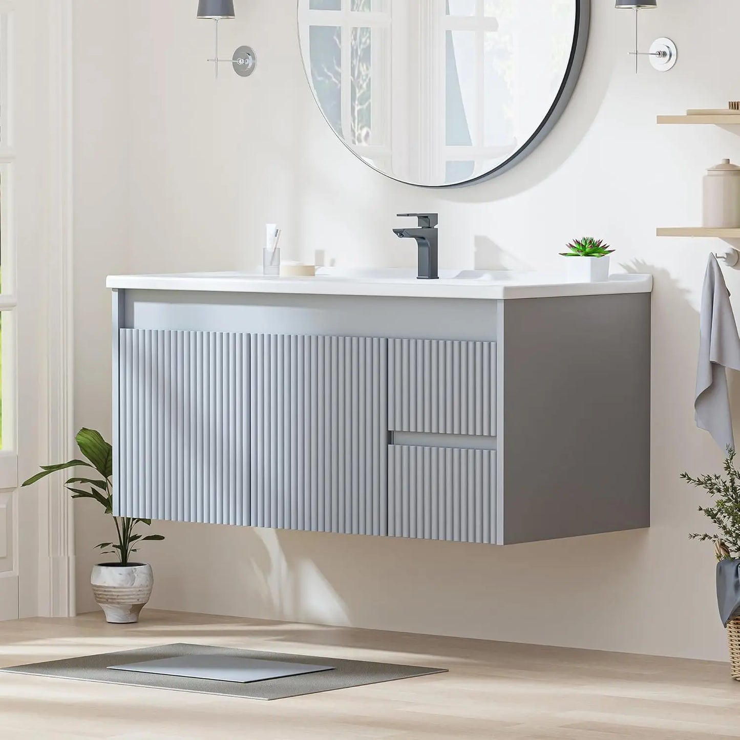 Floating Bathroom Vanity With Ceramic Sink Wall Mounted Storage