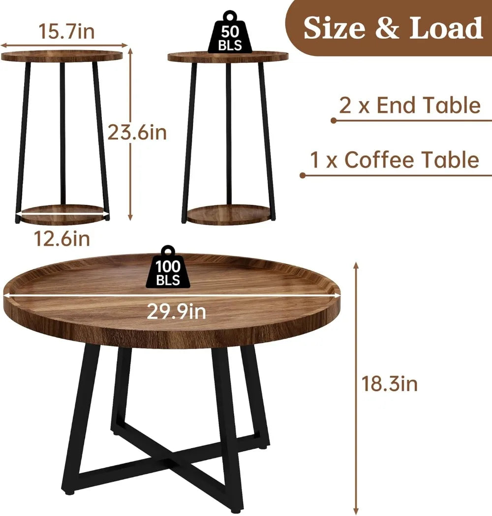 Vintage Wood Coffee Table Set With Round End Tables Easy Assembly