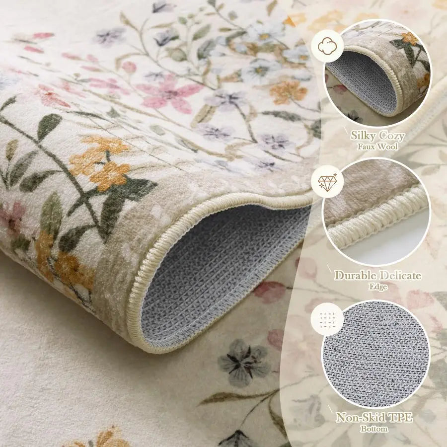 Floral Washable Area Rug for Bedroom and Living Room NonSlip