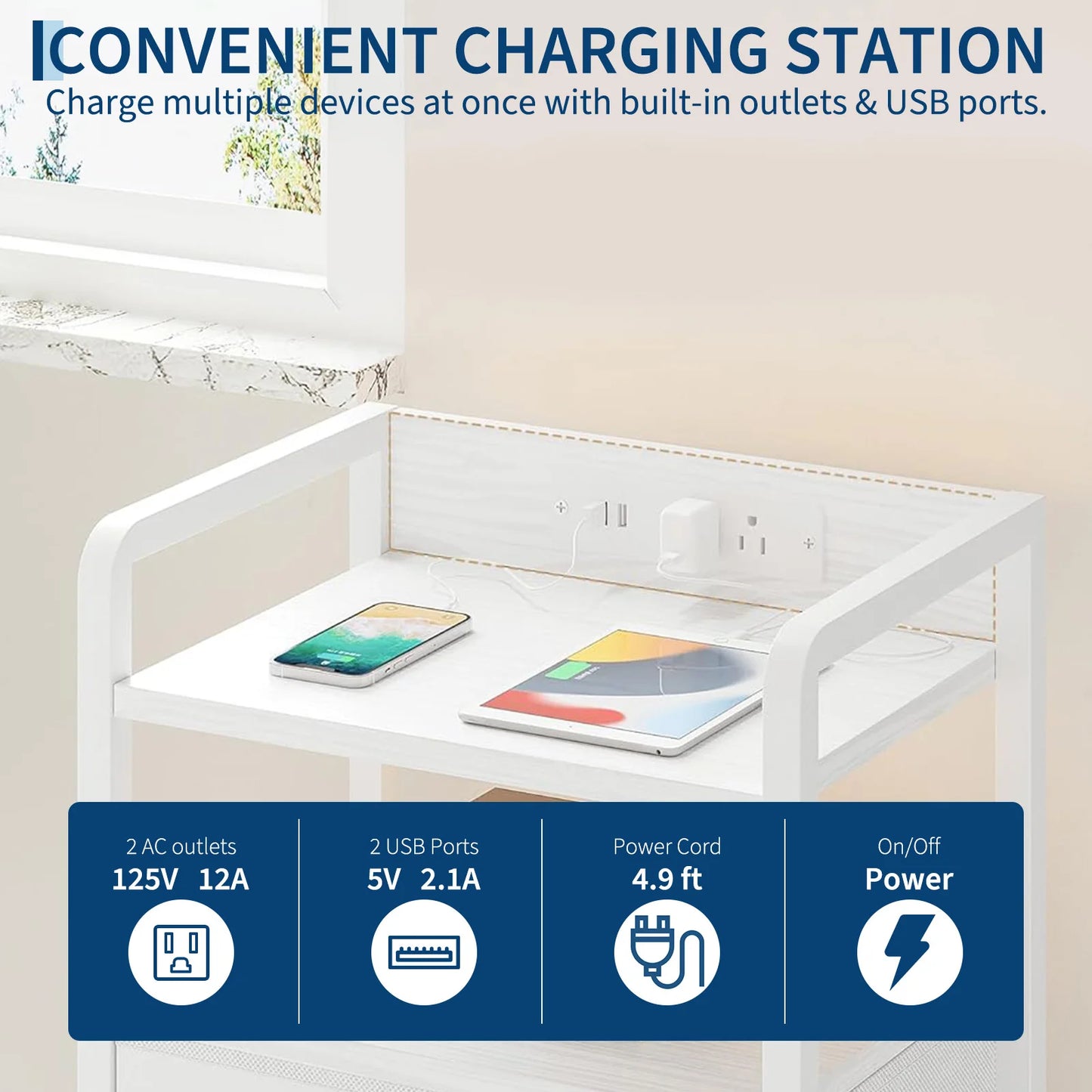 HiMISSD Industrial Patio Side Table With 2 Drawers And Charging