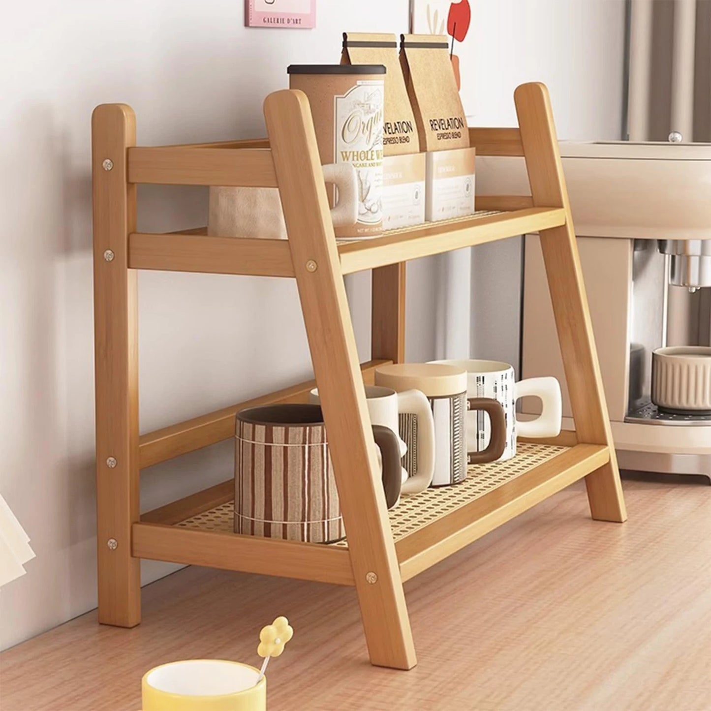 Double Layer Desktop Organizer Shelf Wooden Storage Rack 2 Tiers