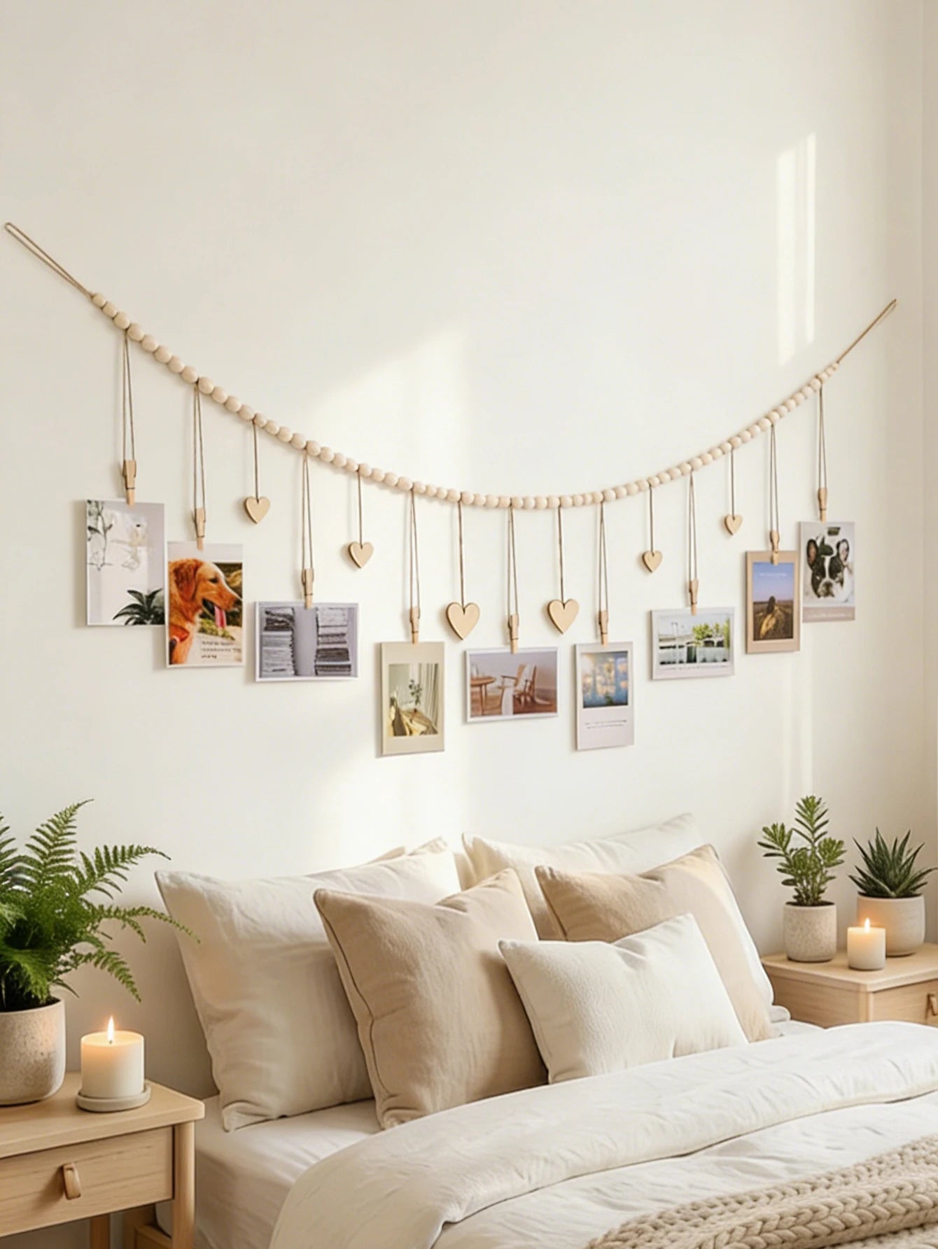 Wooden Bead Photo Garland With Heart Clips Wall Decor
