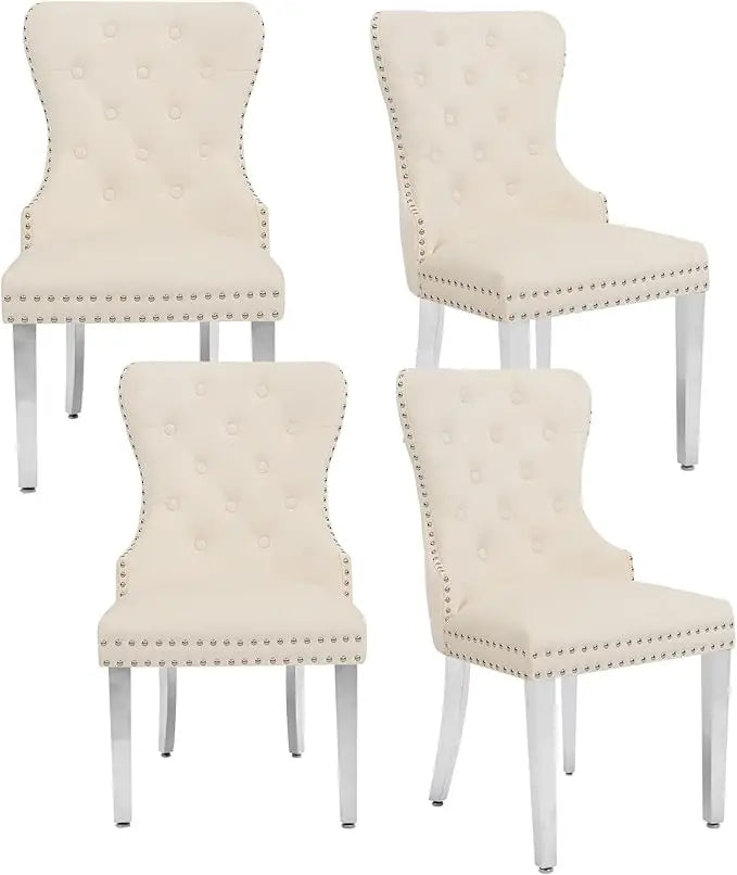 Velvet Tufted Dining Chairs With Pull Ring And Steel Legs