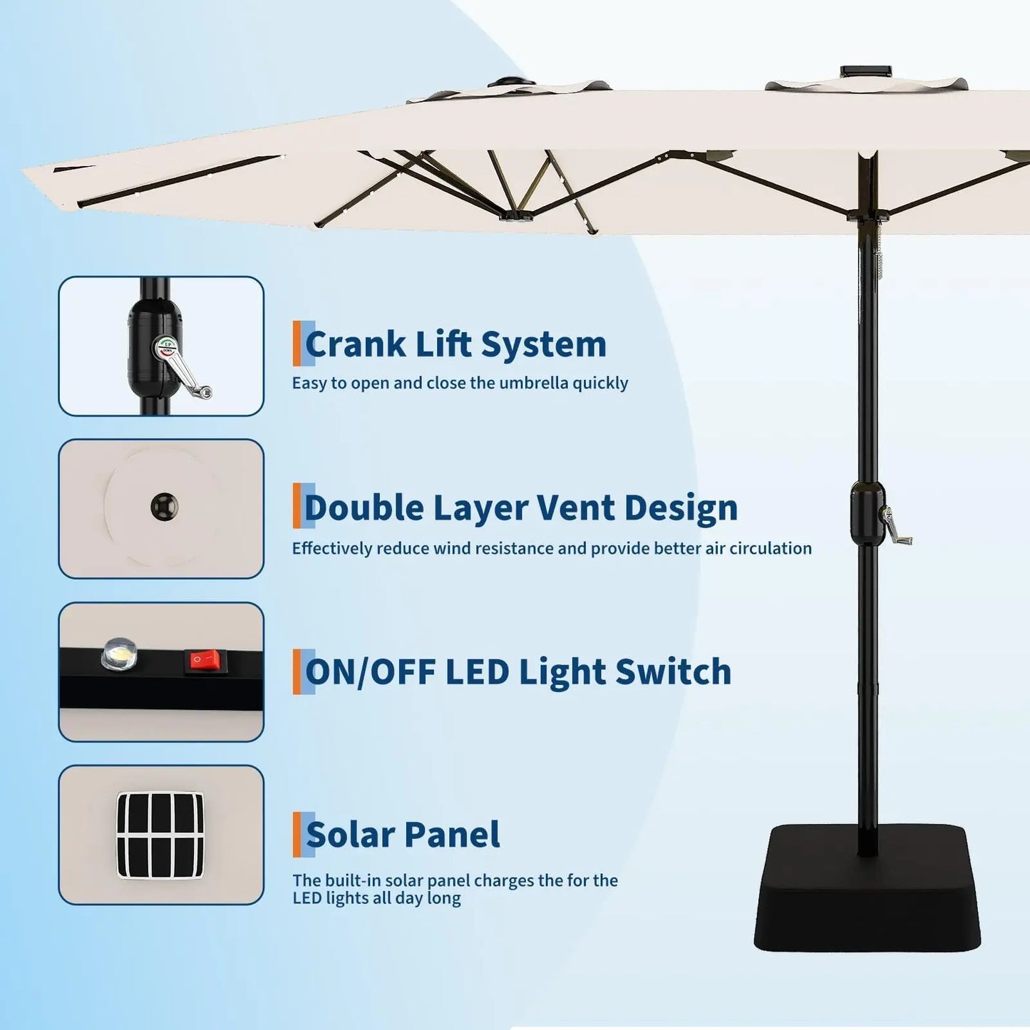 HiMISS Outdoor Patio Umbrella With Solar LED Lights Crank And Base