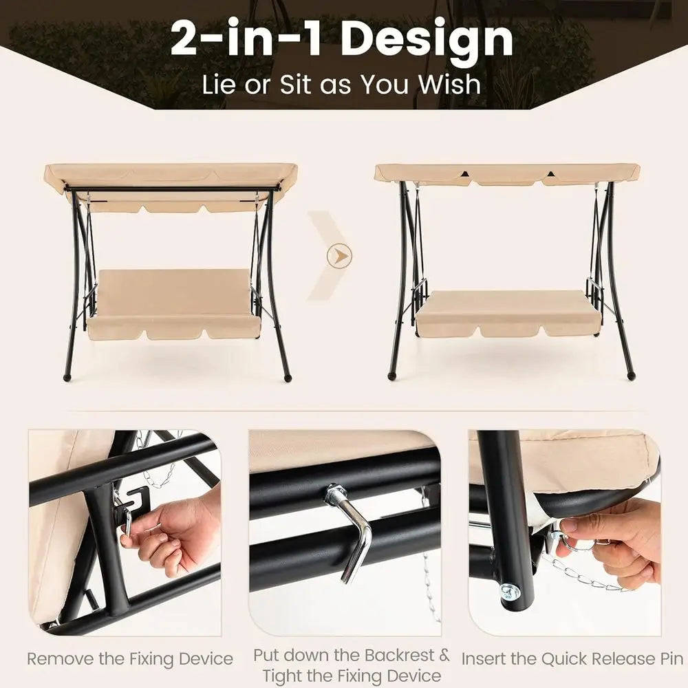 Dual Person Outdoor Swing Bed With Adjustable Canopy And Cushions