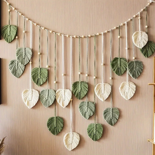 Modern Woven Wall Decor With Green Leaves Bohemian Style
