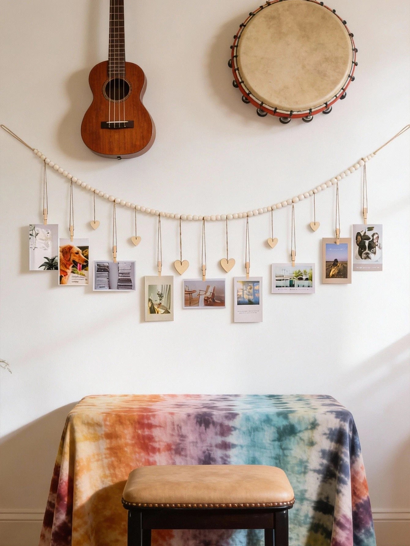 Wooden Bead Photo Garland With Heart Clips Wall Decor