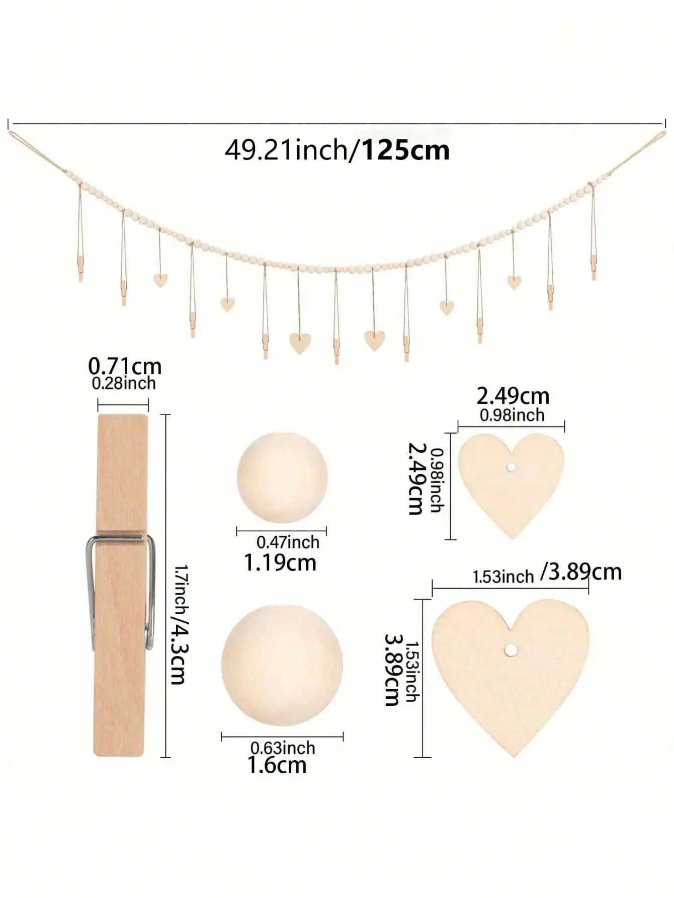 Wooden Bead Photo Garland With Heart Clips Wall Decor