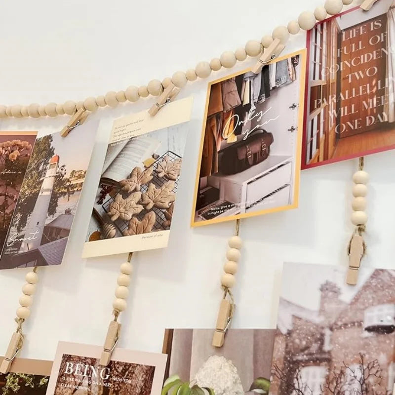 Wooden Bead Garland Hanging Photo Display Wall Decor