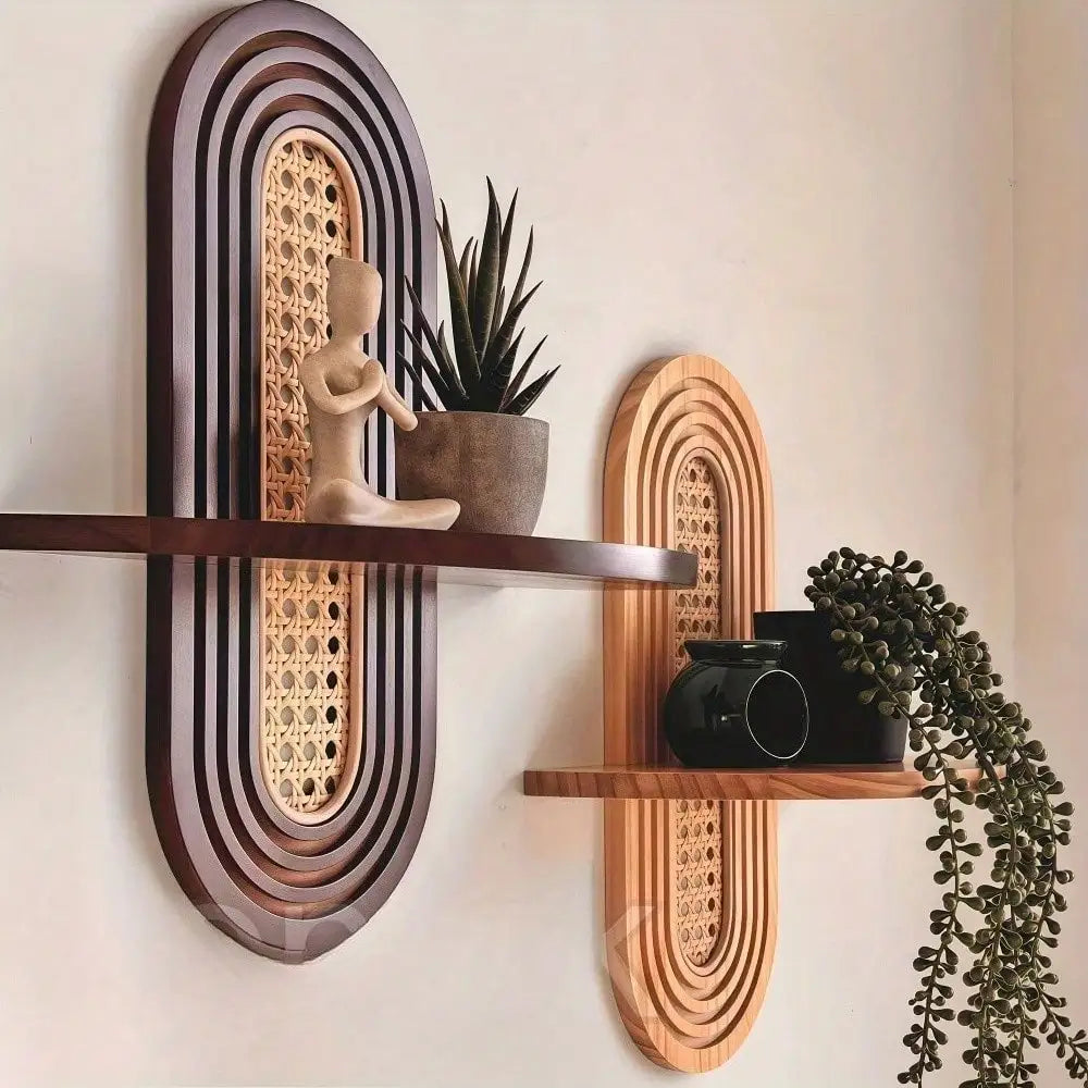 Arched Bohemian Wood Rattan Floating Shelf For Living Room