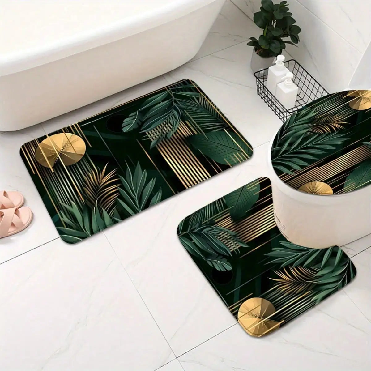 Bohemian Style Tropical Leaf Shower Curtain Set With Bath Rugs