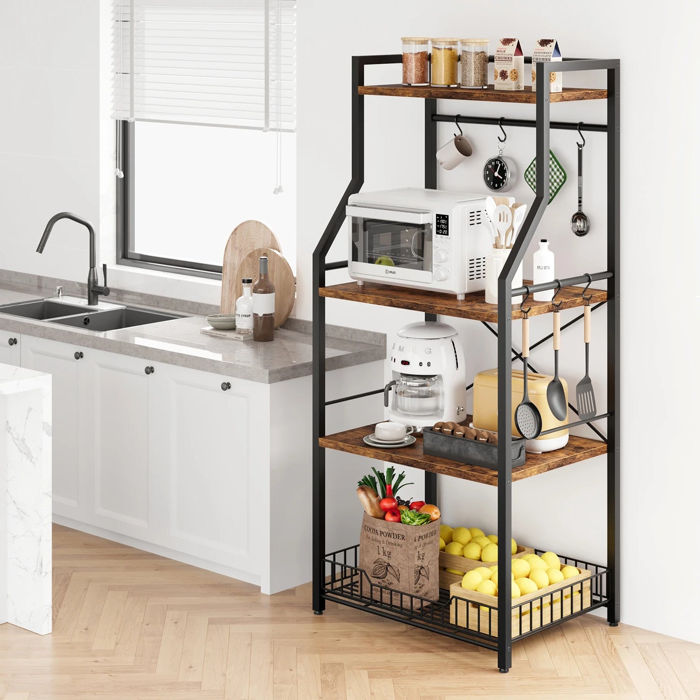 TWISTER.CK Kitchen Bakers Rack Microwave Stand With Wire Basket