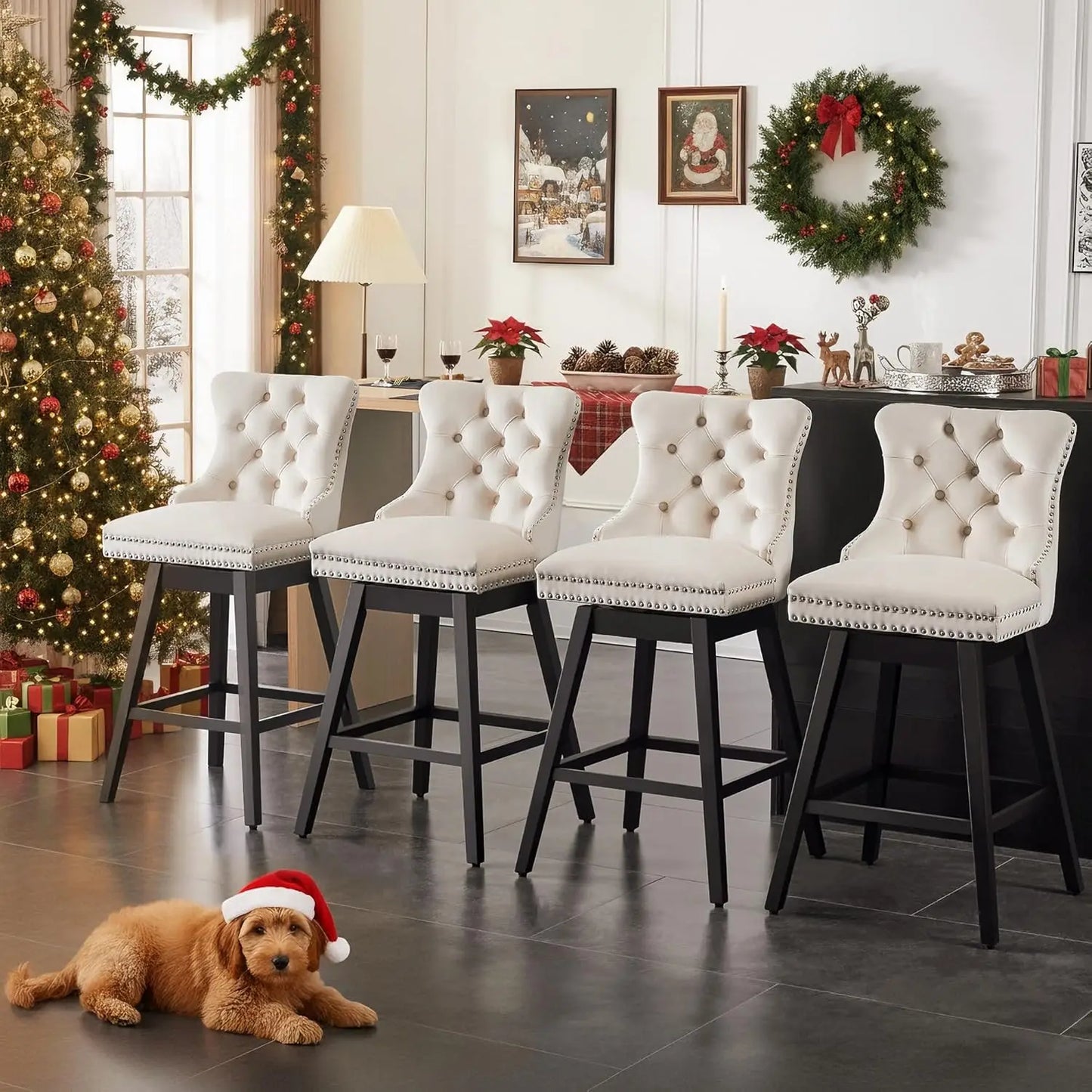 Swivel Bar Stools Set of 4 with Back Velvet Upholstery