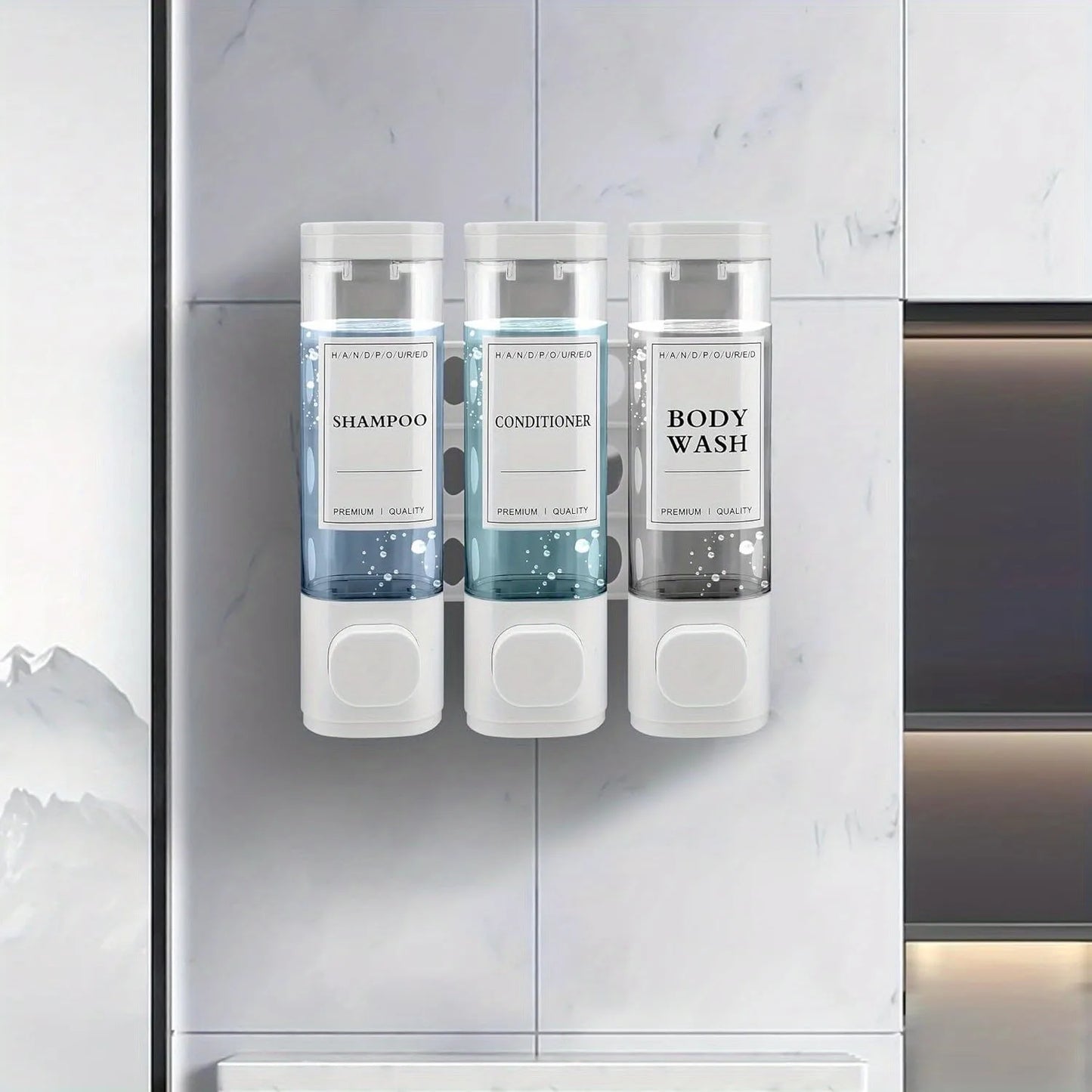 Wall Mounted 3-In-1 Shampoo Conditioner Soap Dispenser No Drilling ABS