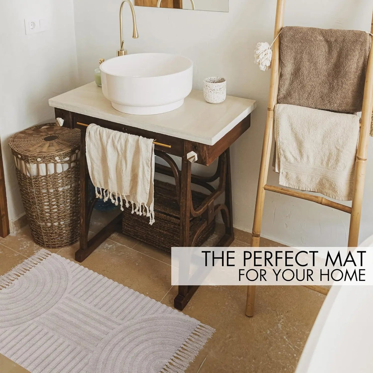 Boho Tassel Cotton Bath Rug Non Slip Mat For Bathroom