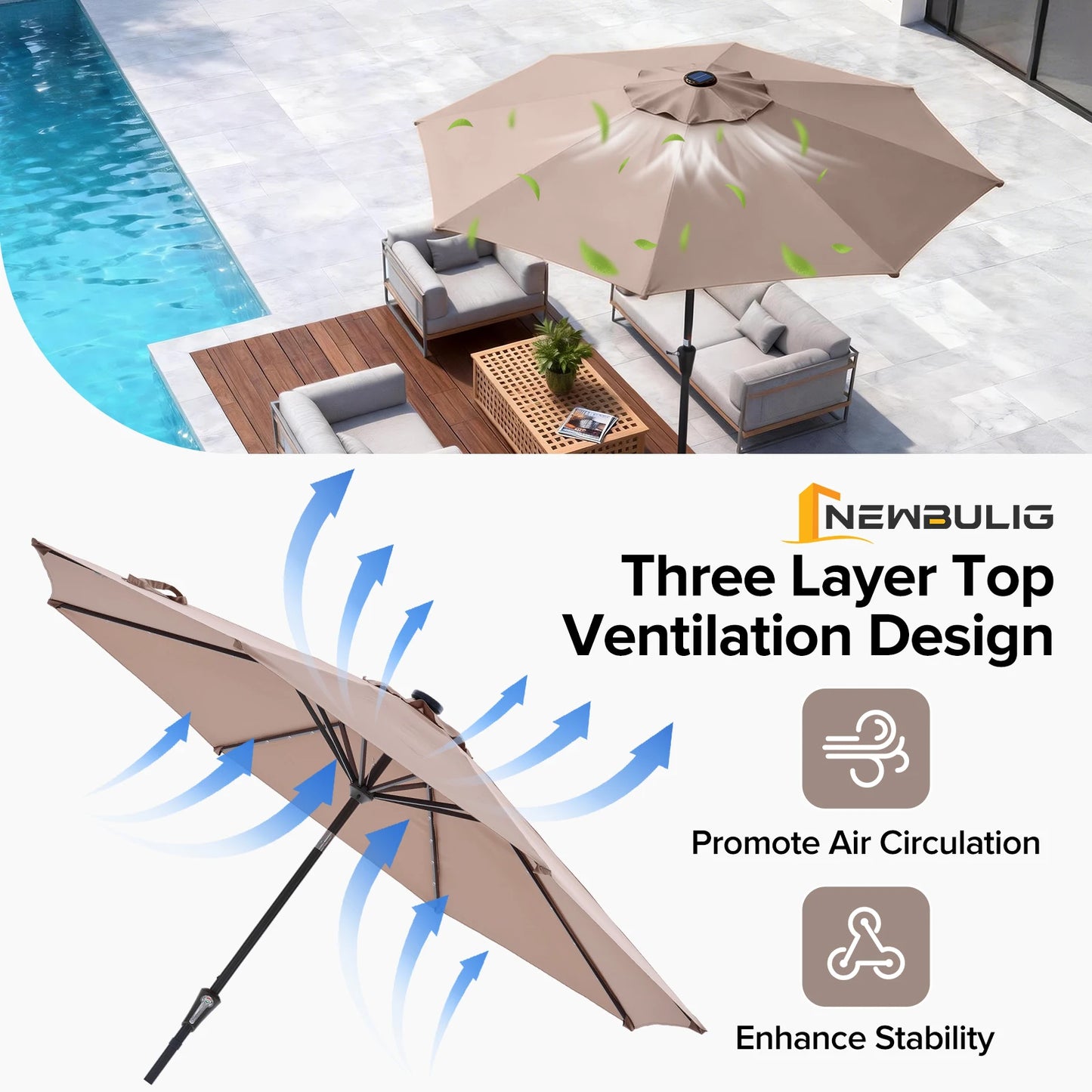 JHK Solar Powered Patio Umbrella With LED Lights Tilt