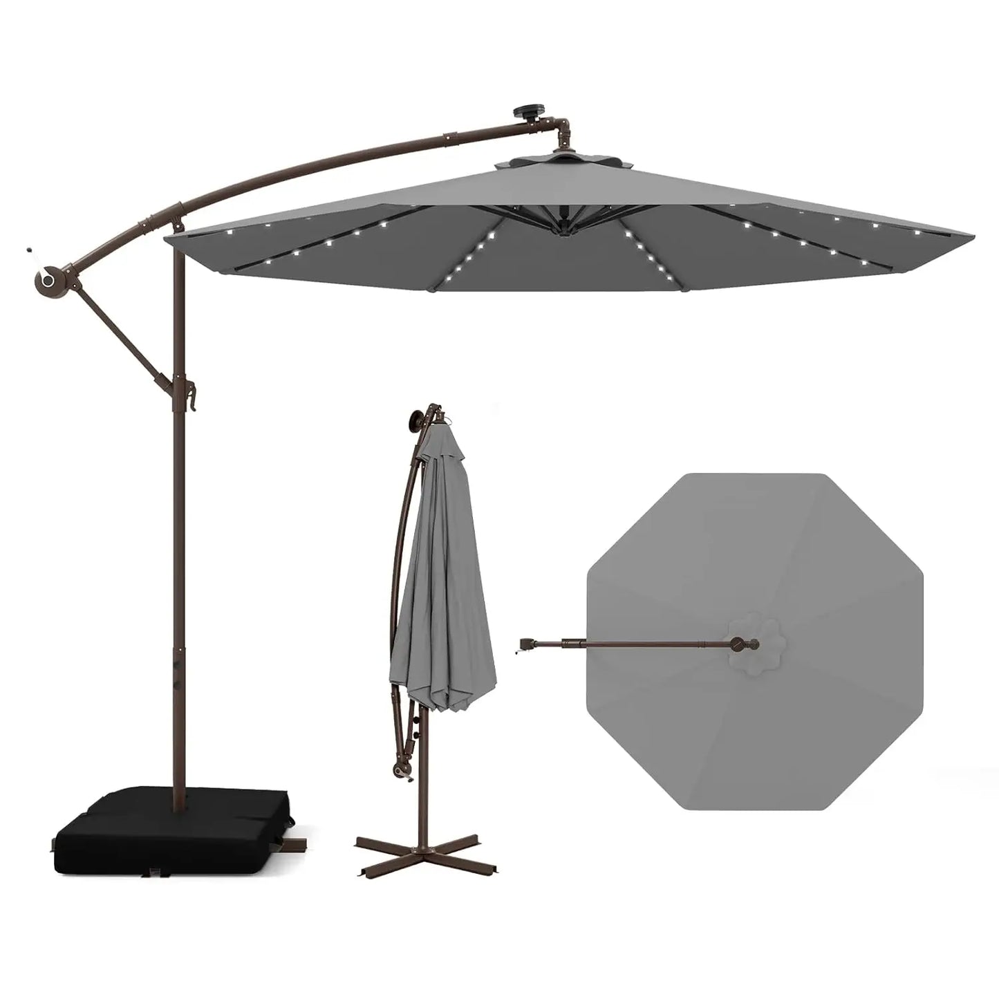 Offset Patio Cantilever Umbrella With Base And Solar LED Lights