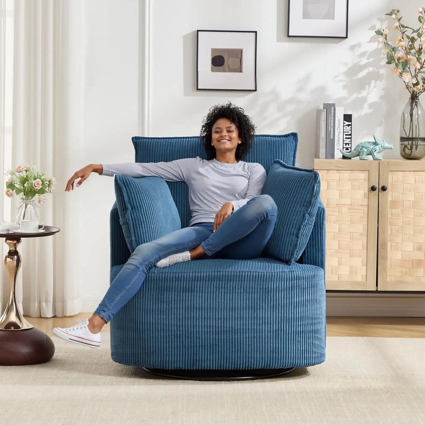 Corduroy Swivel Barrel Chair For Reading Living Room Office