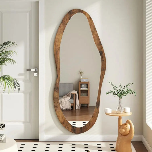 Wood Framed Wall Mirror Irregular Vintage Design For Bathroom