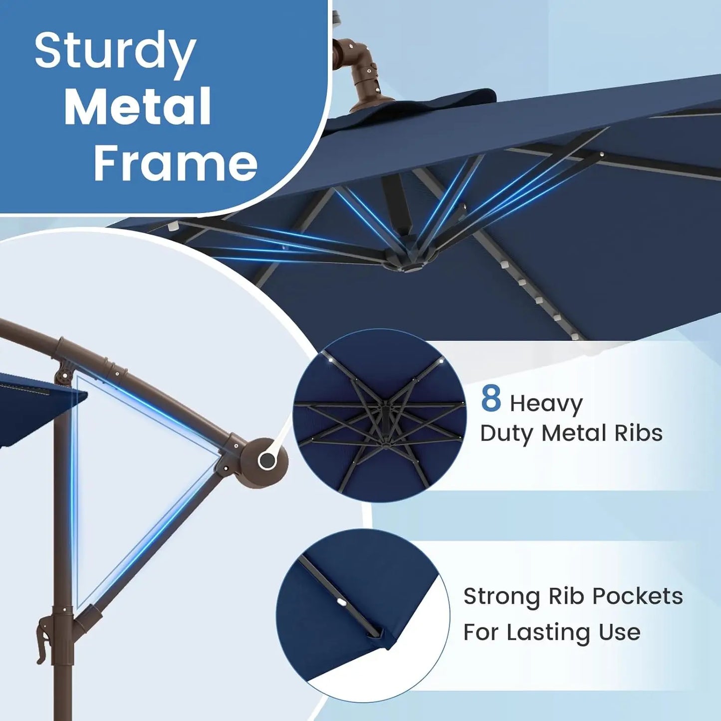 Offset Patio Cantilever Umbrella With Base And Solar LED Lights