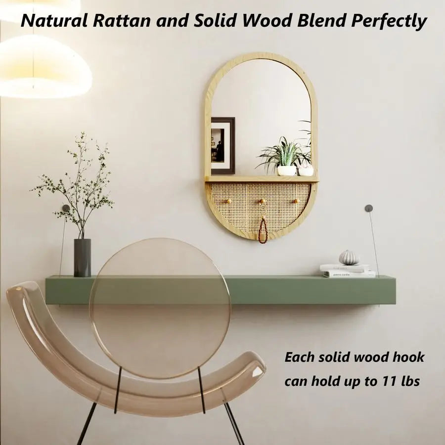 Boho Wall Mirror With Removable Shelf Oval Wood Frame Hooks