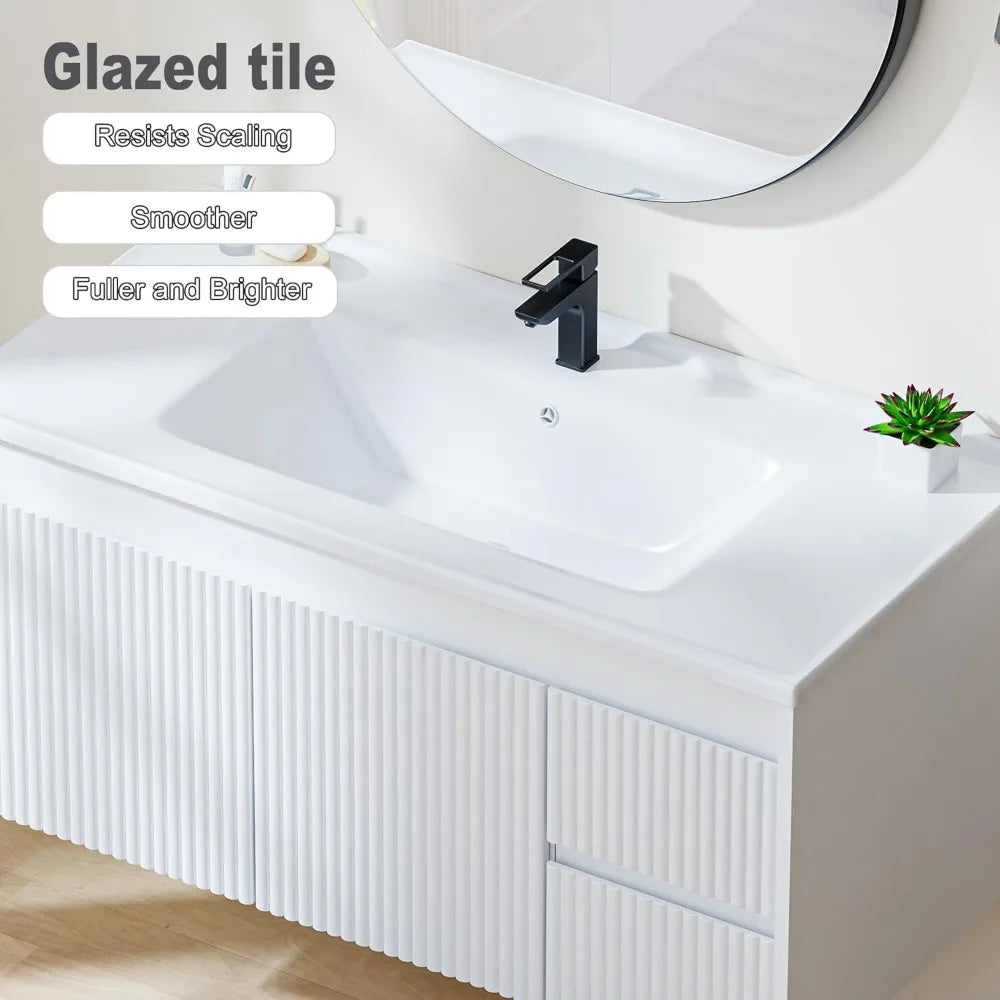 Floating Bathroom Vanity With Ceramic Sink Wall Mounted Storage