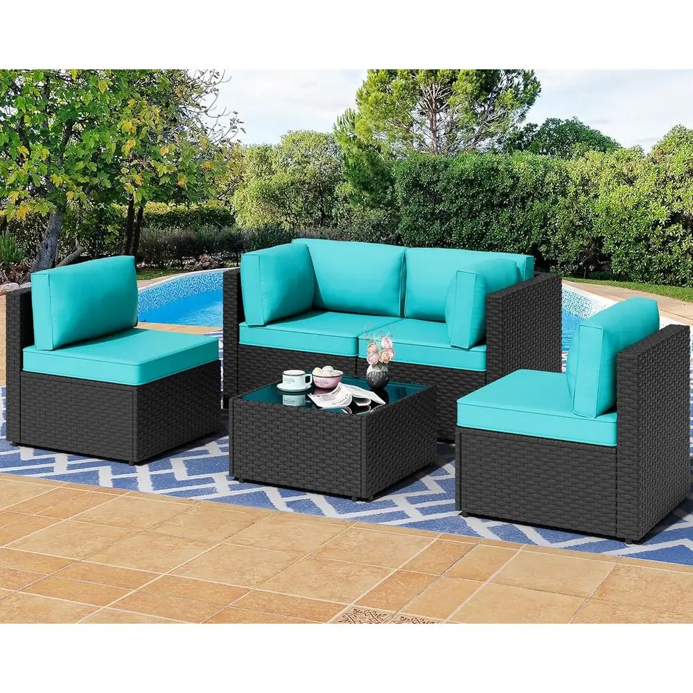 Outdoor Patio Sectional Sofa Set With Glass Coffee Table