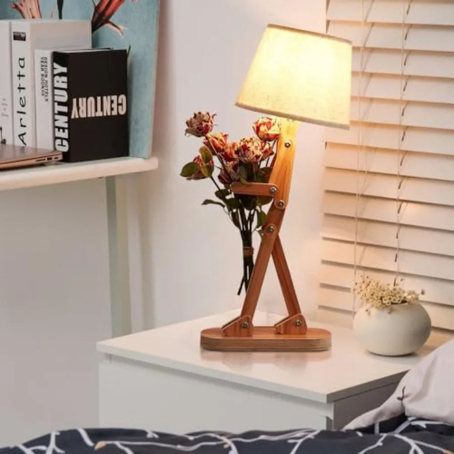 Cute Desk Lamp Robot Themed Bedside Light With Wood Arm
